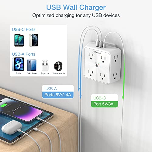 image for Surge Protector 8 Outlet Extender, TESSAN Multi Outlet Splitter with 3