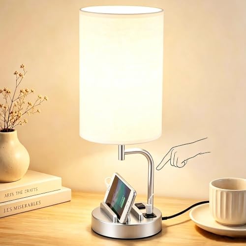 Dreamholder Touch Control USB Table Lamp with USB C/A & AC Outlet, 3-Way Dimmable Bedside Lamp, Modern Nightstand Lamps for Bedroom Living Room Guest Room Office, Bulb Included, Silver