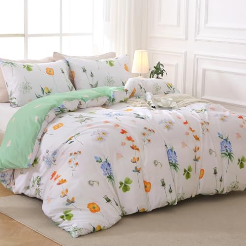 MUXHOMO Duvet Cover Queen Size, Reversible Floral Multicolor Duvet Cover Set with Zipper Closure, 3 Pieces Botanical Patterns Soft Microfiber Bedding Set with 4 Ties (90"x90", 2 Pillow Cases)