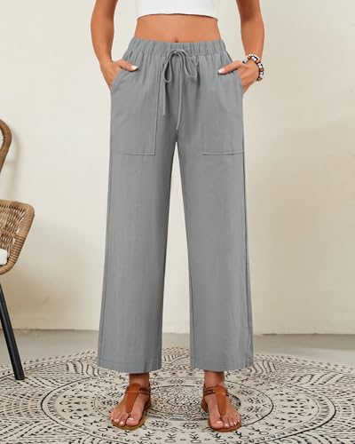 Neer 2 Pack Women’s Linen Pants with Pocket, Casual Summer Drawstring Beach Pants High Waisted Wide Leg Loose Palazzo Trouser2