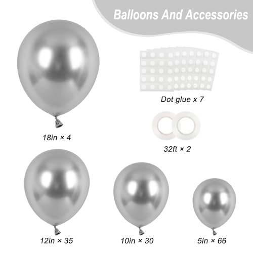 Image of RUBFAC 135pcs Metallic Silver Balloons Different Sizes 18 12 10 5 Inch for Garland Arch, Latex Balloon for Birthday Party Graduation Wedding Decorations
