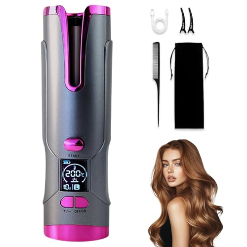 Ferro arricciacapelli automatico, portatile, senza fili, automatico, rotante, in ceramica, 6 livelli di temperatura con ricarica USB da 5200 mAh, per grandi ricci piccoli (grigio)