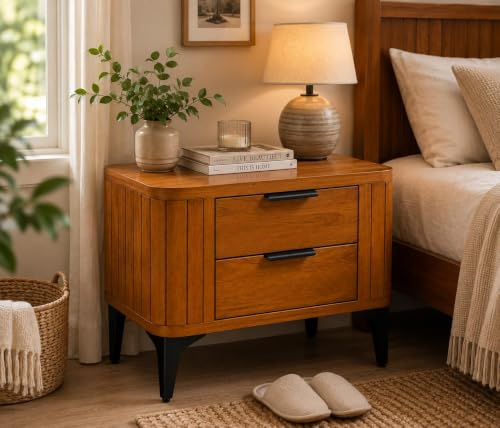 Image of Solid Sheesham Wood Bedside Table for Bedroom & Livingroom | Nightstand End Table with 2 Drawers Storage for Home | Modern & Luxury Design| (Honey Finish)
