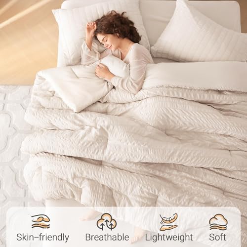 MUXHOMO 7 Pieces King Comforter Set, Seersucker Bed in a Bag King Size, All Season Luxury Bedding Set with Comforter, Flat Sheet, Fitted Sheet, Pillowcases & Shams, Beige