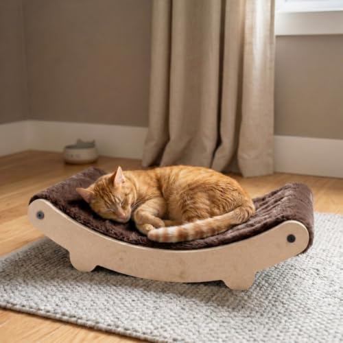 Image of Cat Hammock Bed with Plush Cushion, Wooden Curved Rocker Design, 23x13x6 Inch, Premium Comfort Lounger for Cats (FURR-162) (Brown)