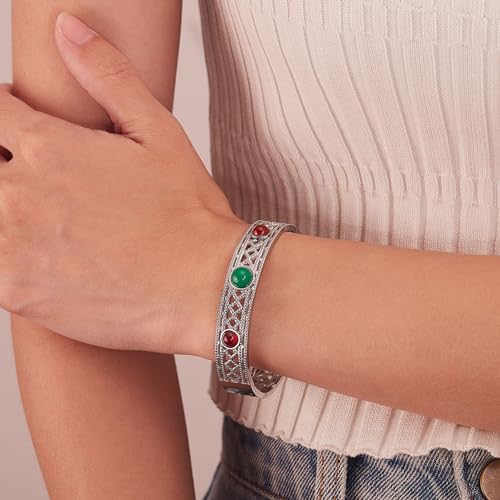 Image of Fashion Vintate Natural Turquoise Stone Bracelet Stainless Steel Hollow Out Cuff Bracelet