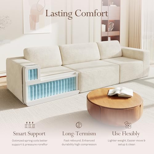 Image of Vesgantti 119 inch Modular Sectional Sofa, Corduroy Cloud Couch with Deep Seating & Spring Support, 3 Seater Flexible Layout Sofa, Boneless Couch for Living Room & Apartment, No Assembly Required, Beige