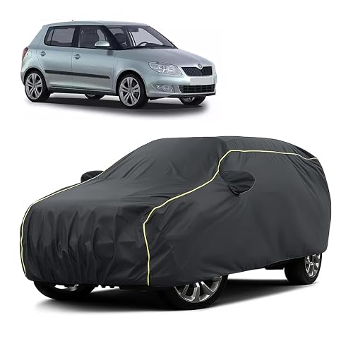 Image of Sulfar 100% Water Resistant Car Body Cover Compatible with Mirror for Skoda Fabia (Triple Stitched, Full Bottom Elastic, Dark Grey Taffeta with Yellow Piping)
