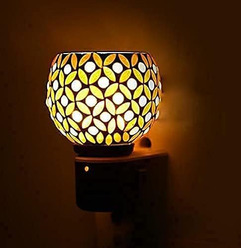 Kapoor Dani Electrical Camphor Diffuser. Glass Kapoor Dani & Essential Oil Diffuser with On Off Switch to Toggle Between Burner & Lamp (Blue Leaf) (YELLOW-51)