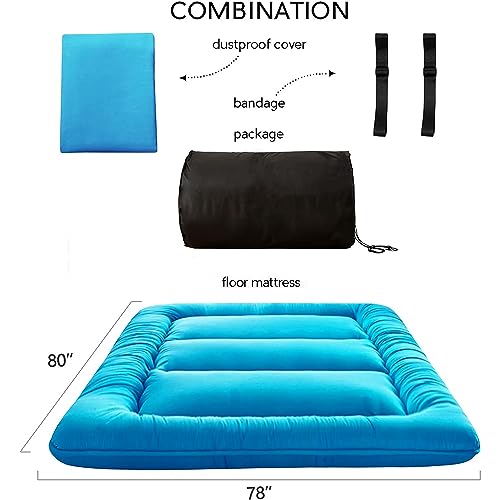 Image of MAXYOYO Japanese Floor Mattress Futon Mattress, Thicken Tatami Mat Sleeping Pad Foldable Roll Up Mattress Boys Girls Dormitory Mattress Pad Kids Floor Lounger Couches and Sofas, Turquoise, King