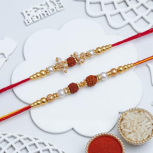 Image of eCraftIndia Pearl Beads Rudraksha Rakhi Set of 2 | Rakhi for Brother Bhaiya Bhai with Best Bro Ever Fridge Magnet | Roli Chawal Pack