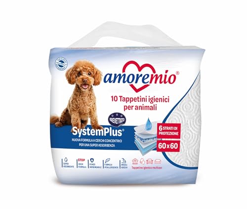 AMORE MIO 10 Tappetini Igienici per Cani, Gatti e Animali Domestici, Super Assorbenti - 1 Confezione da 10 Traversine Cani 60x60 cm