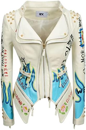 LRX LY Women's Faux Leather Textured Hand Painted Graffiti Studded Rivet Moto Lady Fit Jacket Zip-up Slim PU Biker Coat (L), Off White