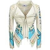 LRX LY Women's Faux Leather Textured Hand Painted Graffiti Studded Rivet Moto Lady Fit Jacket Zip-up