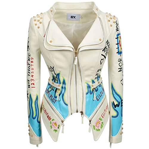 Lrx Ly Women's Faux Leather Textured Hand Painted Graffiti Studded Rivet Moto Lady Fit Jacket Zip-Up Slim Pu Biker Coat (L), Off White #TOP30
