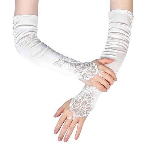 Naapesi Lange Satin Handschuhe - Damen Classic Abendhandschuhe Mit Spitze Für Braut, Tanz, Verkleidung, Hochzeit, Abschlussball, Halloween (Weiß)