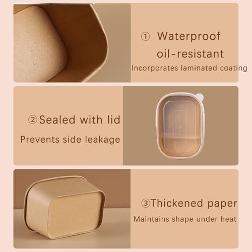 Miniatura 5 de Caiyuangj 20 Piezas Cuencos De Papel Kraft 500ml Con Tapa - Reutilizables, Impermeables Y Resistentes Al Aceite Para Microondas, Envío, Ensaladas, Sopa Y Comida Para Llevar