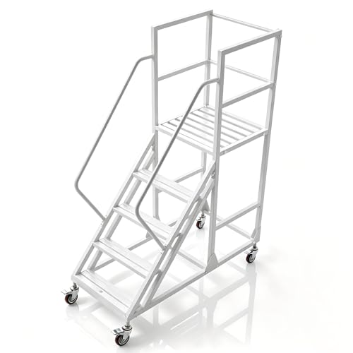 Image of 5 Step Rolling Warehouse Step Ladder, Industrial Mobile Staircase on Wheels, 1100Lbs Weight Capacity, Heavy Duty Mobile Platform Ladder with Handrails, Suitable for Warehouse, Library (White, 5 steps)