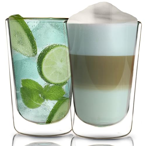 UpNew Style Double Wall Glass Cup 12 oz - Insulated Glass Tumblers Set of 2 - Blue Green Borosilicate Glasses for Hot and Cold Drinks Beverages Tea Capuccino Latte