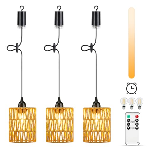 Lightsjoy Lampadario da Esterno a Sospensione, 3 Lampadario Rattan a Batteria Con Telecomando, Regolabile, Timer, IP65 Impermeabile Per gazebo Giardino Campeggio pranzo