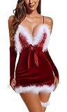 ADSEXY Lingerie Set for Women Sexy Santa Babydoll Teddy V Neck Chemise Nightgown Backless Negligee Dress Christmas Red
