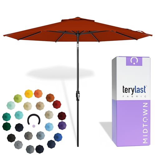 Image of MIDTOWN UMBRELLAS The Swilt 8 Feet Outdoor Umbrella With Terylast Apple (Red) Polyester Fabric - Fiberglass Ribs, Auto-Tilt And Swivel Aluminum Frame Patio Umbrella For Deck, Garden, Pool - Black Pole