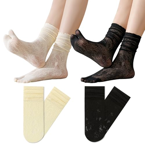 Image of Triplewood 2 Pairs Lace Tabi Socks for Women Split Toe Flip Flop Socks, Y2K Calf Sock Mid Calf Toe Sock