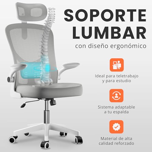 Miniatura 5 de Jupplies Silla Escritorio Ergonómica Con Soporte Lumbar, Reclinable 120 , Reposacabezas Ajustable, Reposabrazos Abatibles, Malla Transpirable, Ruedas 360 , Altura Regulable, Soporta 120 Kg