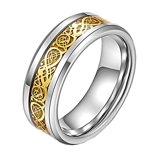 PAURO Men Women Stainless Steel 8MM Carbon Fiber Gothic Celtic Dragon Wedding Ring Band Jewelry for Teenagers Silver Gold Size 9