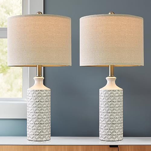 Pokat 24" Modern Contemporary Ceramic Lamp Set Of 2 For Living Room White Desk Decor Lamps For Bedroom Farmhouse Bedside Nightstand End Table Lamps Bulb Included #TOP4