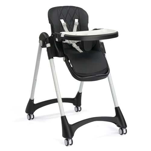 JOYMOR 4 in 1 Folding Baby High Chair for Babies to Toddlers Infant Eating Foldable Highchair w/Leather Seat Cushion 4-Position Removeable & Adjustable Tray 5-Point Harness (Black)