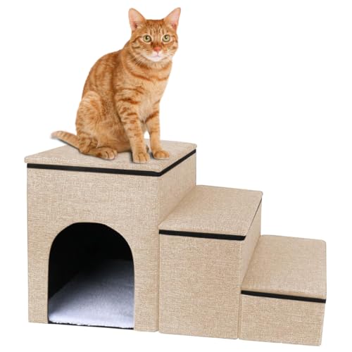 Qpets® 3-in-1 Multi-Purpose Small Pet Steps with Storage & Play Area & Comfortable Nap Spot, Easy Assembly Cat House Puppy House