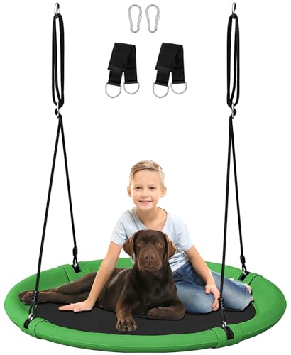 Image of 40 Inch Diameter Saucer Tree Swing Set for Kids & Adults, Adjustable Flying Swing Seat for Backyard or Outdoor Playground, Green & Black