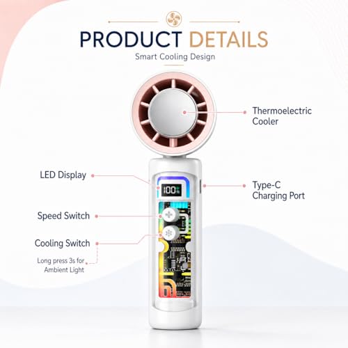 Image of One94Store Mini Handheld Turbo Fan Pink, 3000mAh Rechargeable Battery, Up to 6 Hours Runtime, 5 Speed & 2 Cooling Modes, Digital Display, Type-C Fast Charging Fan for Travel, Office & Outdoor