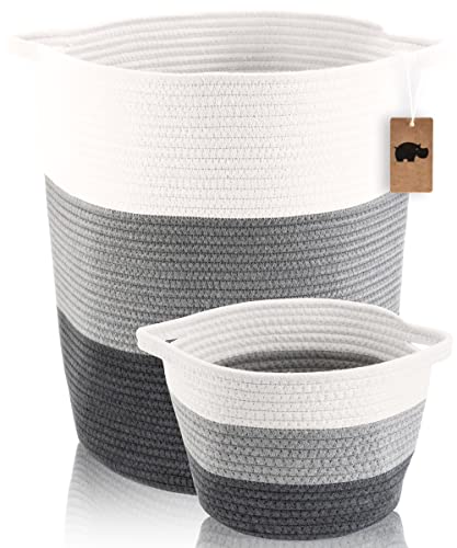 Image of Little Hippo 2pc Extra Large Cotton Rope Basket (18"x16") 100% Natural Cotton! Laundry Basket, Woven Storage Basket, Large Basket, Blanket Basket Living Room, Toy Basket, Pillow Basket, Gray