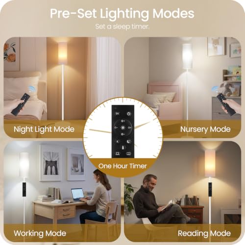Image of White Dimmable Floor Lamps for Living Room with Remote and Foot Switch, 64.4 inch Modern Standing Tall Lamp, Corner Lamp for Bedroom, Office, Bulb Included, 3000K-6500K, FCC Listed WCW06LD05W1