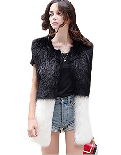 Simsly Autumn Fur Vest Sleeveless Lightweight Faux Fur Vests Winter Warmer Jacket Coat for Women and Girls(Black and White)(Large)