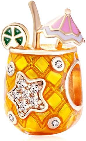 Rose Gold Tropical Drink Charms, 925 Sterling Silver Pineapple Beads with CZ, fits Pandora Summer Beach Bracelet, Gifts for Holiday/Women/Hawaii/Mothers Day