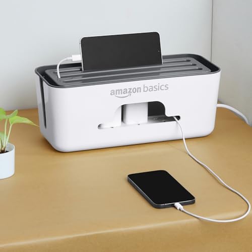 Image of Amazon Basics - Cable Management Box with Mobile Stand - Power Strip, Cords, Wires | Surge Protector Hiding Cover Organizer for Home, Office (White)