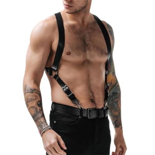 Arnés de pecho ajustable que redefine el look masculino con cuero negro resistente y clips