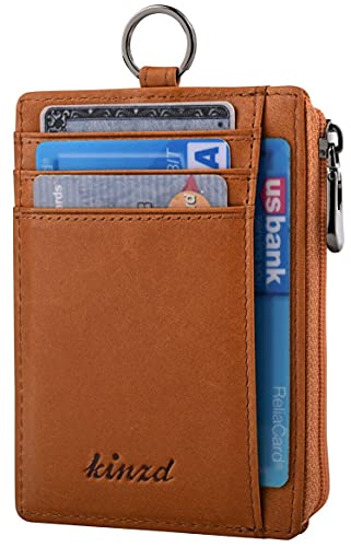 Image of kinzd Slim Minimalist Zipper Credit Card Holder Leather Front Pocket Wallet with Keychain Ring Lanyard Strap