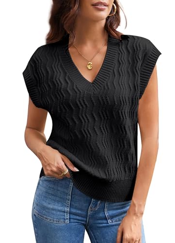 GRACE KARIN Womens V Neck Sweater Vest Ribbed Knit Casual Cap Sleeve Loose Fit Pullover Tops Fall Clothes 2024