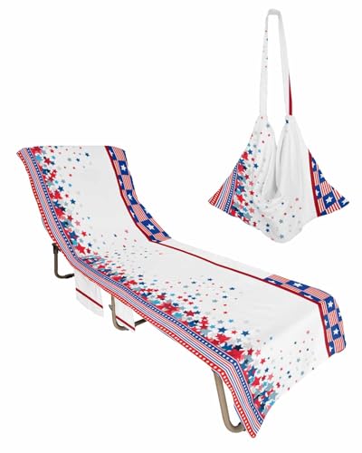 4th of July Beach Lounge Chair Towel Cover, Soft Chaise Lounge Towel with Side Pockets Patio Pool Chairs Cover for Beach/Pool Sunbathing 29x85 Blue Red Star Independence Day Striped