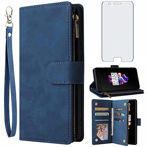 Asuwish Compatible with OnePlus 5 Wallet Case and Tempered Glass Screen Protector Leather Flip Cover Card Holder Cell Phone Cases for OnePlus5 A5000 One Plus5 1 Plus 1plus Five One+ + 1+5 1+ 5 Blue