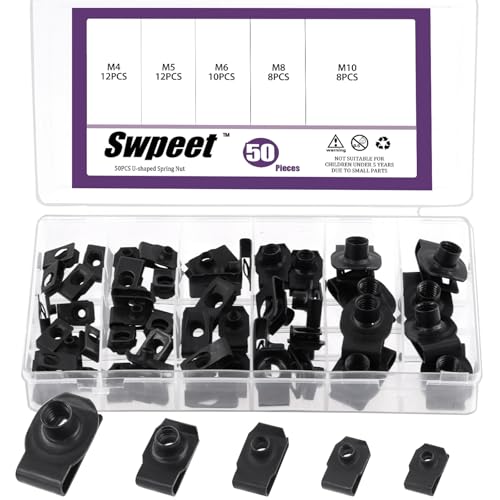 Swpeet Set de 50 clips en U de acero al carbono M4 M5 M6 M8 M10 para coche, tuercas en U, tuercas en U, fijaciones de resorte para panel de puerta del salpicadero, interior compatible con la