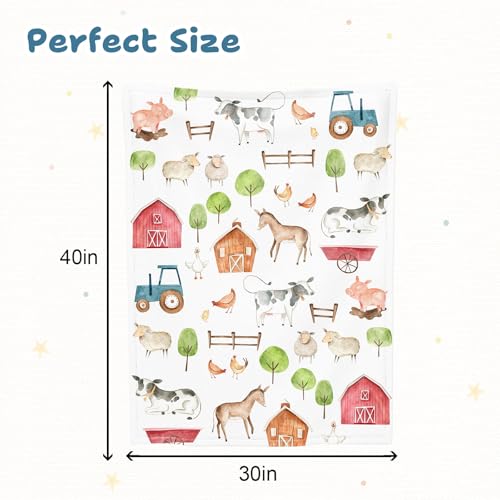 Image of Farm Animal Baby Blanket, Soft Flannel Farm Newborn Blanket, Cozy Unisex for Boys & Girls, Lightweight Stroller & Crib Blanket 30x40 Cows, Pigs, Horses, Barns