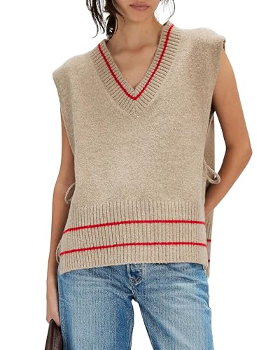 Locachy Women's Loose V Neck Sweater Vest Stripe Poncho Side Tie Sleeveless Pullover Tank Tops