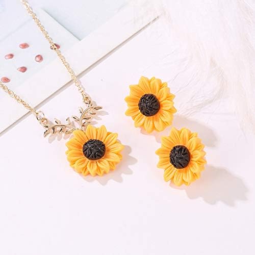 Sunflower Necklace and Earring Set, Sunflower Pearl Resin Boho Long Drop Handmade Pendant Necklace Choker with Sunflower Resin Earrings Sets for Women Girls - Image 2