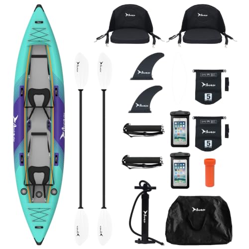 Amiaire Kayak Hinchable 2 Personas 420 cm   Kayak Inflable Doble Drop Stitch con Remos, Asientos, Bomba, Quillas y Bolsas Estancas   Kayak para Lago, Río y Mar   Pack Completo