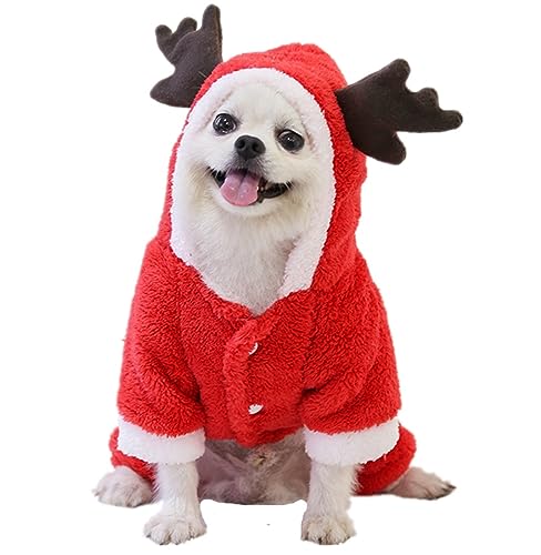 ISUPY ペット服 Tシャツ 秋冬 犬服 ロンパース つなぎ 裏起毛 フード付き ドッグウェア パーカー 可愛い トナカイに変身 防寒 コート ふわふわ 小中型犬 猫服 クリスマス コスチューム お散歩 お出かけ ペット用品 (S,レッド)